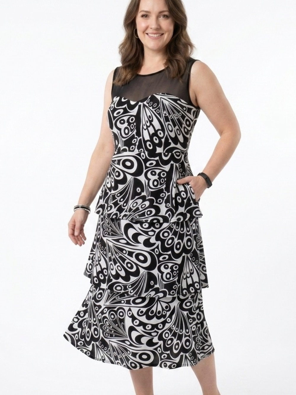 Laura Plus Black White Geometric Print Mesh Neck Tiered Sleeveless Dress 1835